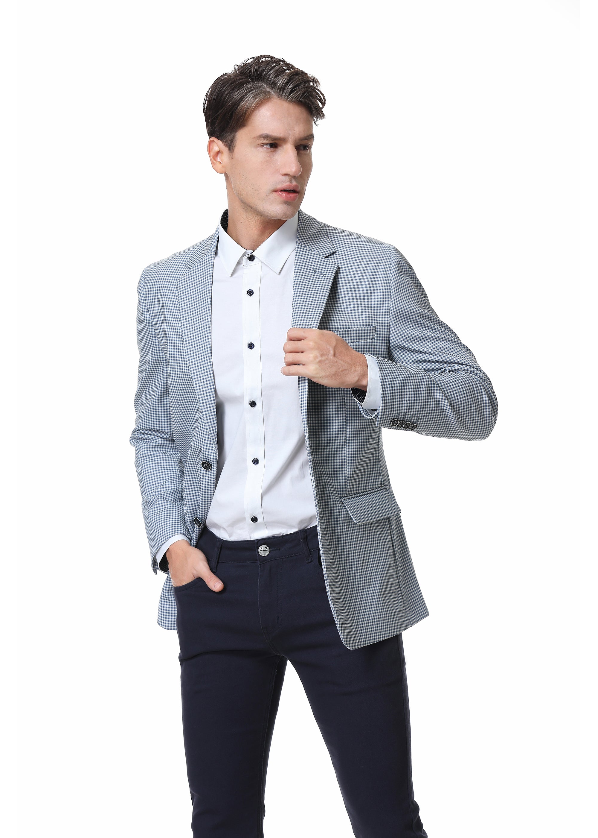 Duchamp London Gingham Stretch Sport Coat 50L Blue