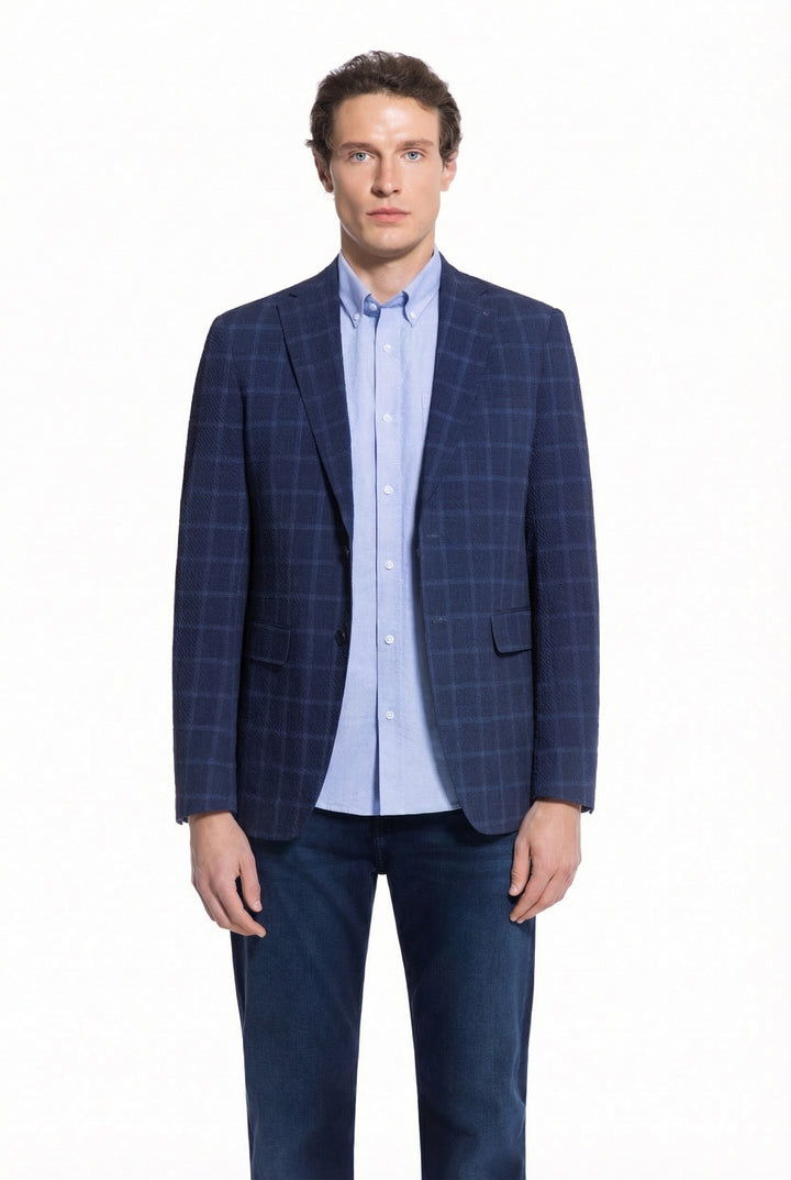 Lucky Brand Navy Plaid Knit Sport Coat