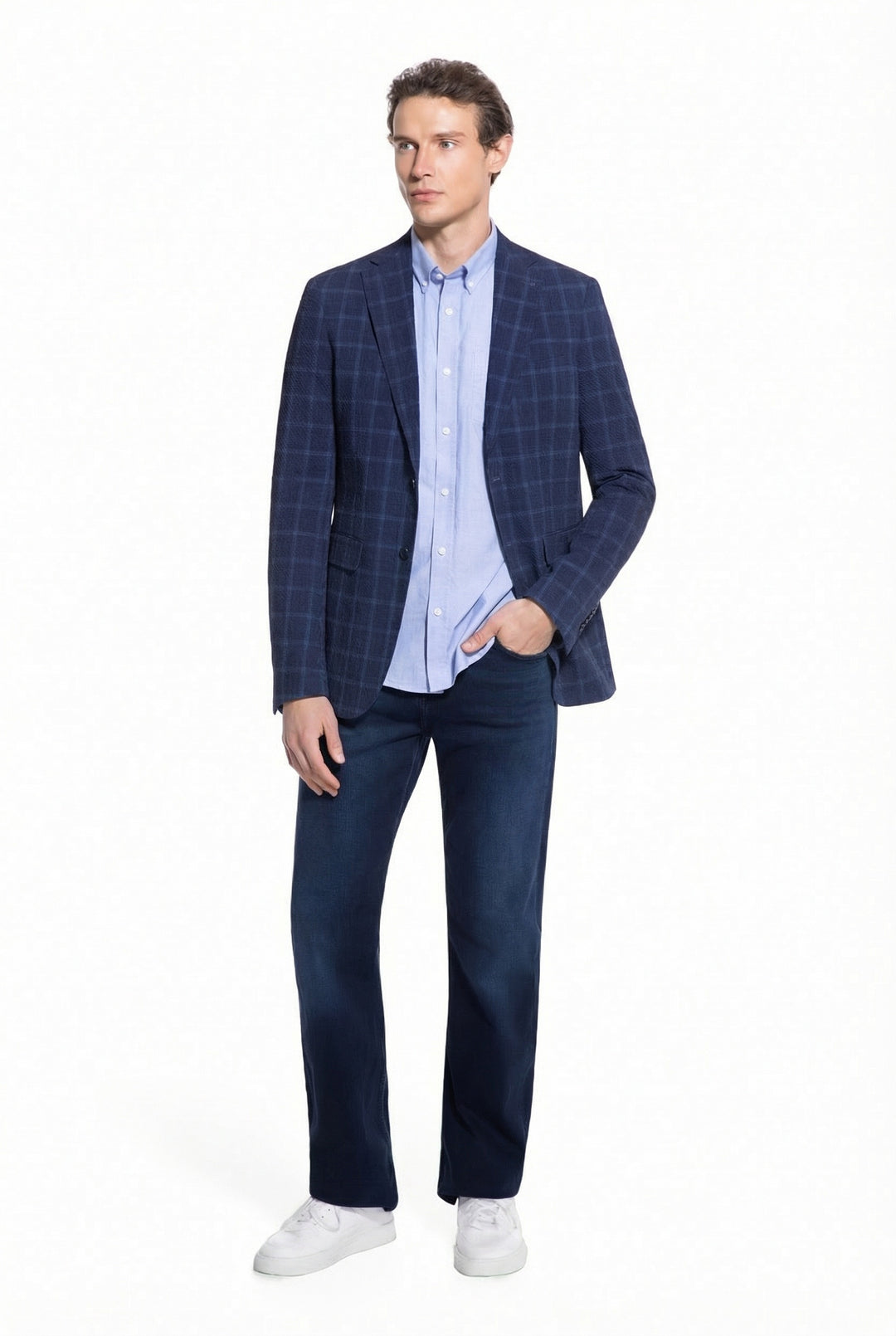 Lucky Brand Navy Plaid Knit Sport Coat
