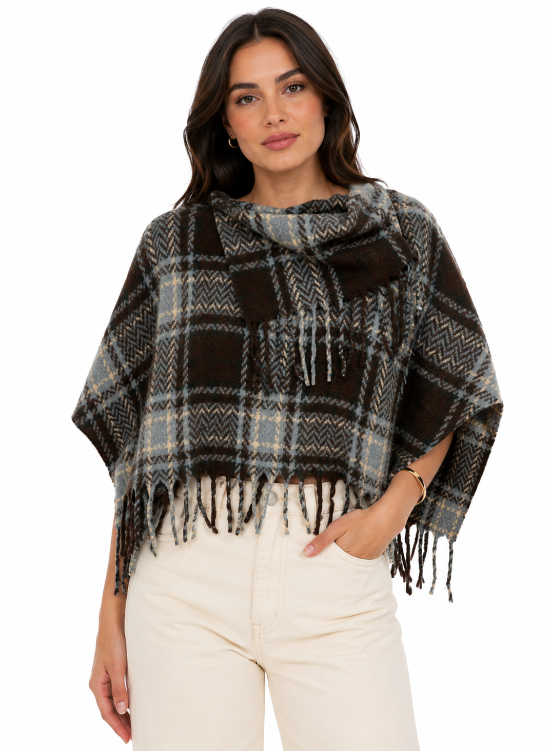 Roffe Plaid Fringe Poncho