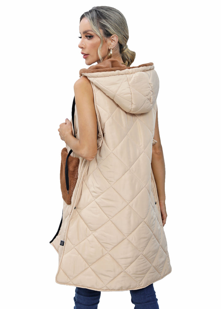 Roffe Long Faux Fur Trimmed Quilted Vest