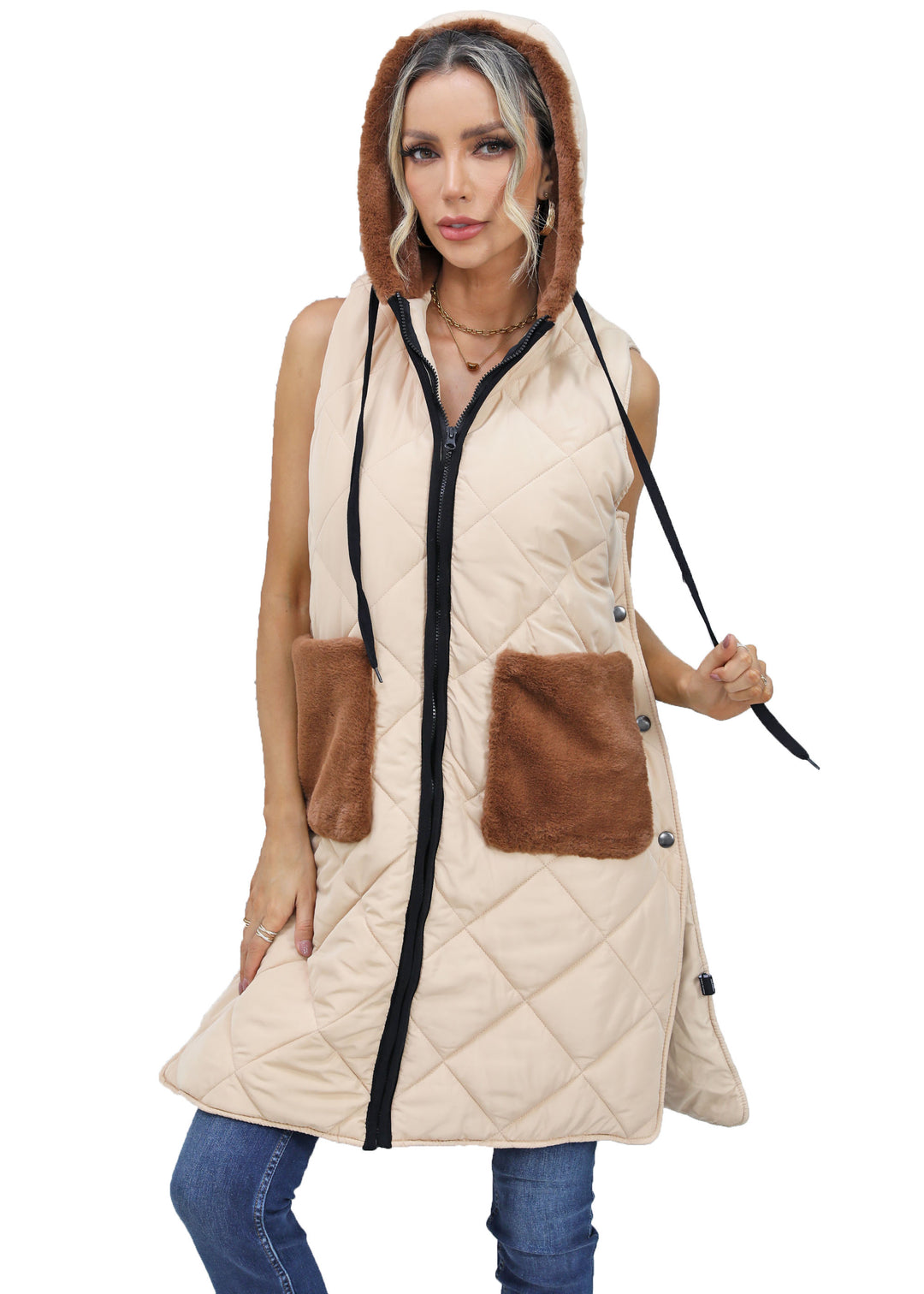 Roffe Long Faux Fur Trimmed Quilted Vest