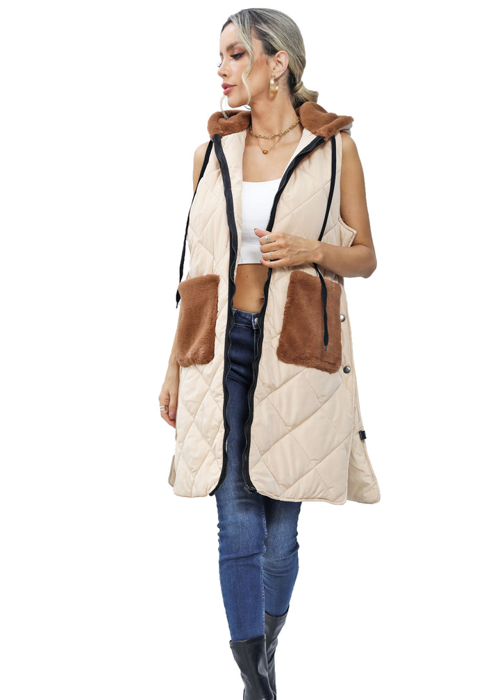 Roffe Long Faux Fur Trimmed Quilted Vest