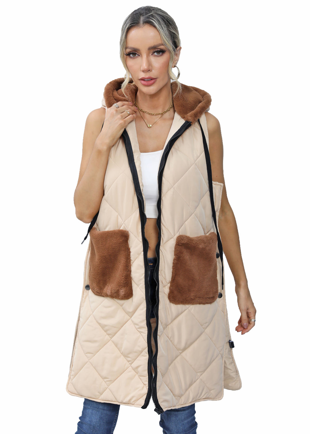 Roffe Long Faux Fur Trimmed Quilted Vest