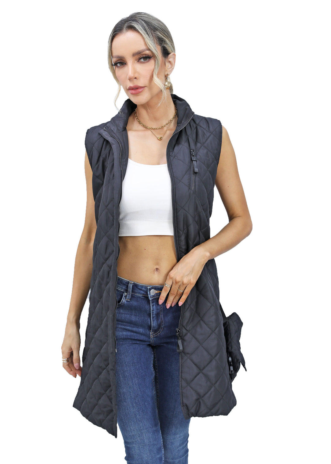 Roffe Long Quilted Vest With Waist Pouch