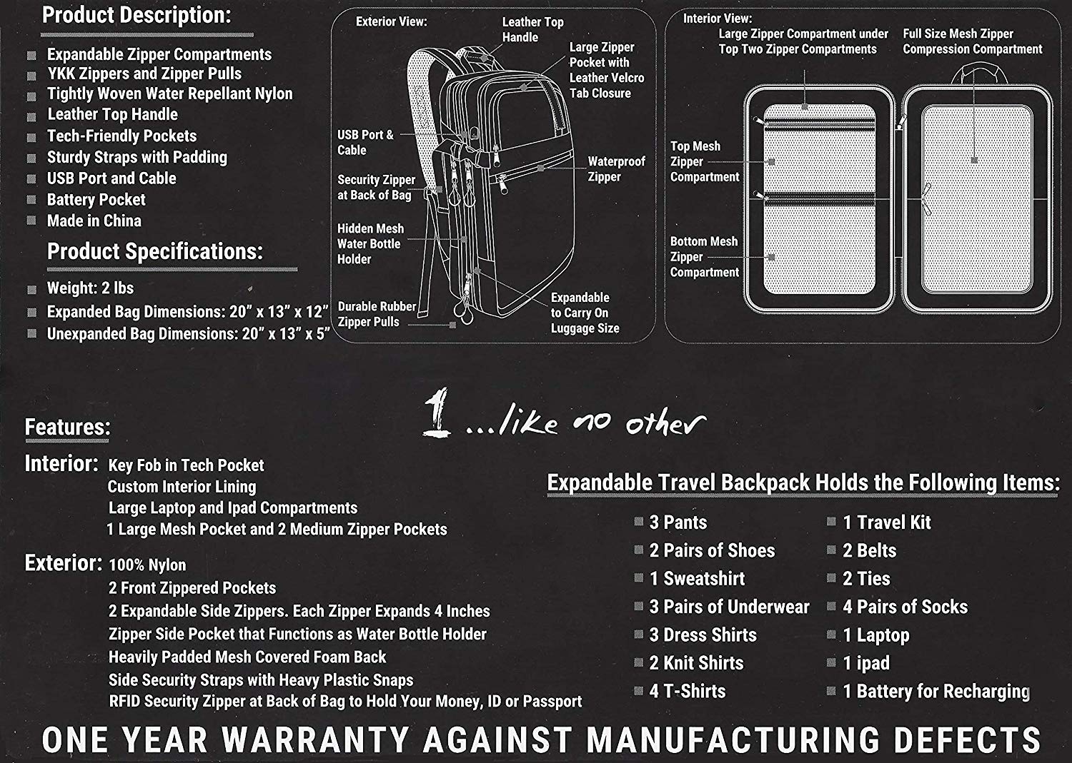 1 Like No Other Expandable Travel Backpack In Black 1 Like No Other Expandable Travel Backpack In Black