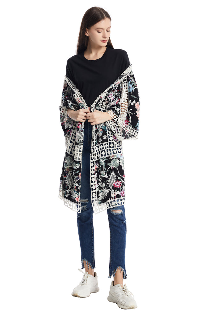 Roffe Floral kimono with lace inserts