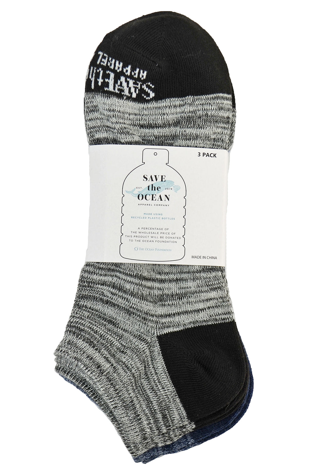 Save the Ocean Recycled 3 pack Ankle Athletic Socks-3 assorted Heather Socks